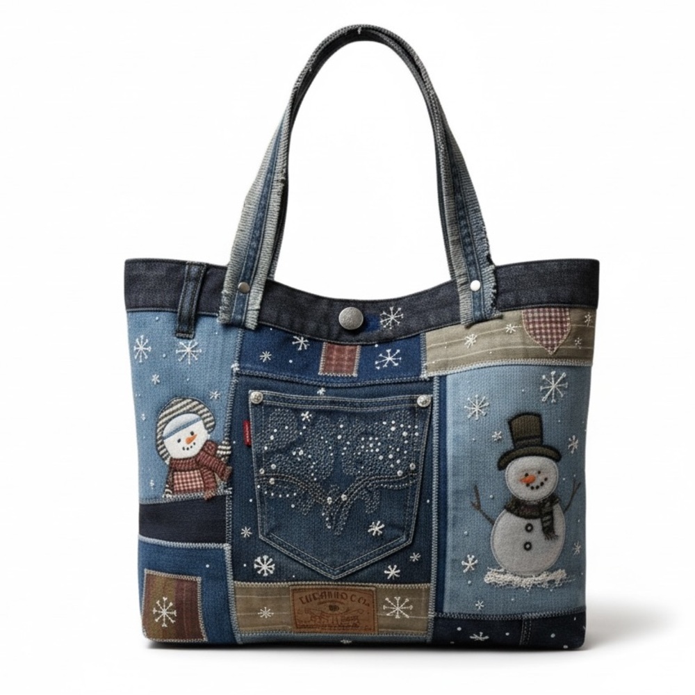 Handmade Upcycled Denim Tote – Snowman- Winter bag- Patchwork Bag, Holiday Tote